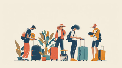 people with luggage waiting for train or plane at airport or railroad station, men and women with bags, travel, tourism and vacation concept
