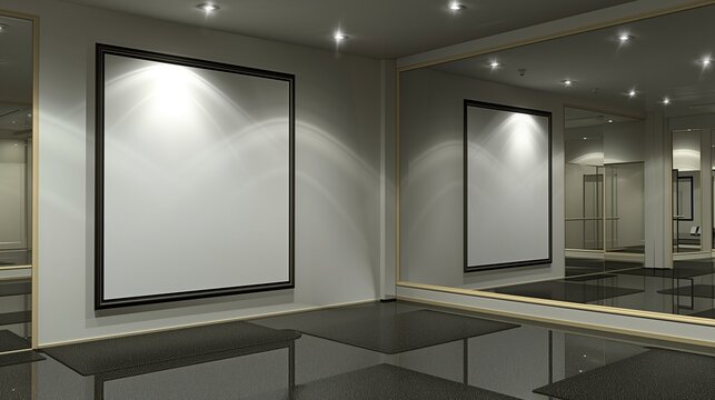 A modern house's fitness room, featuring an empty canvas frame on a mirrored wall, illuminated by the bright, even light of recessed ceiling spots.