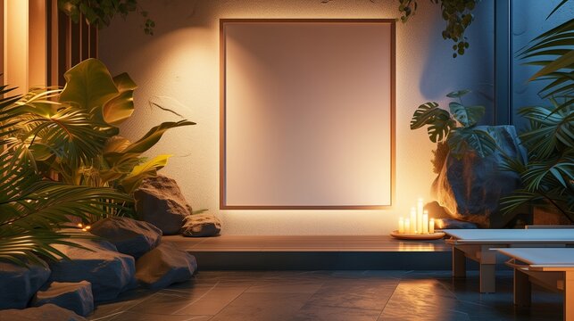 A serene spa room in a modern house, where an empty canvas frame hangs on a wall with soothing, natural stone, lit by the soft, relaxing light of aromatherapy candles.