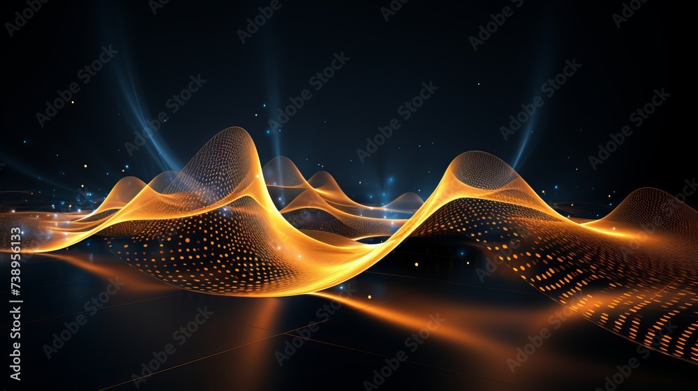 Poster gold cyberspace background with wave of dots and weave lines for network security design