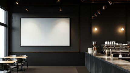 An elegant coffee shop with a monochrome interior, displaying an empty canvas frame on a sophisticated black wall, accented by the sleek, modern design of recessed lighting. - obrazy, fototapety, plakaty