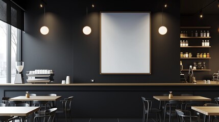 An elegant coffee shop with a monochrome interior, displaying an empty canvas frame on a sophisticated black wall, accented by the sleek, modern design of recessed lighting.