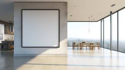 An open-plan living area in a modern house with an empty canvas frame on a wall with a panoramic view, lit naturally by the bright, even light of a sunny day.