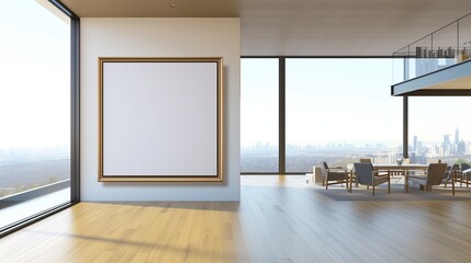 An open-plan living area in a modern house with an empty canvas frame on a wall with a panoramic view, lit naturally by the bright, even light of a sunny day.