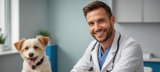 Male veterinarian  smile doctor and cute dog in the clinic
