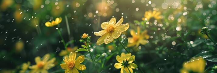 Close-up of summer rain dropping on yellow wildflower. Gardener watering garden lawn. Freshness environment