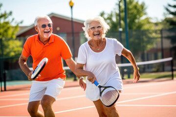 Joyful senior couple playing tennis together. - Powered by Adobe