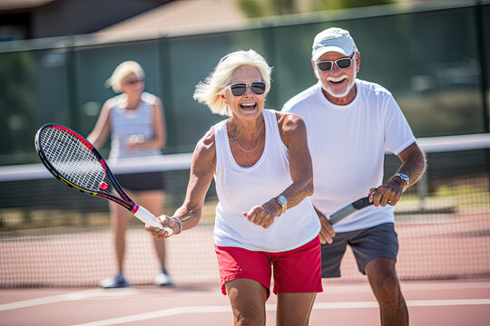 Joyful senior couple playing tennis together. - Powered by Adobe
