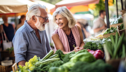 Smiling senior couple shopping at outdoor market.