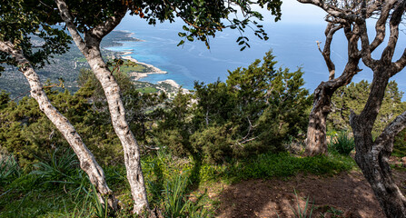 Aerial view of Akamas Peninsula as seen from Moutti tis Soitras highest viewpoint (370 m) of...
