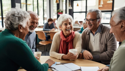 A group of joyful retirees gathers in a community center. Multiethnic group of professionals smiling in meeting.