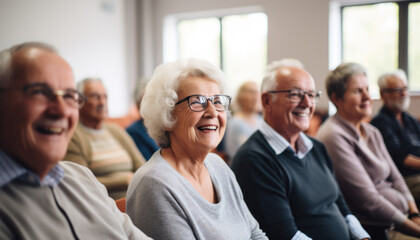 Obraz premium A group of joyful retirees gathers in a community center. Multiethnic group of professionals smiling in meeting.