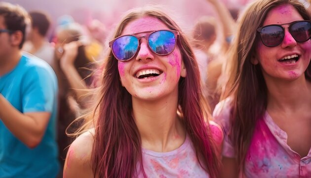 Happy young woman wearing sunglasses having fun in crowd at Holi festival of colors, summer party or music festival created with generative ai	
