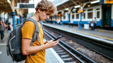 Fototapeta na wymiar Young man on underground platform using mobile phone, waiting for train to arrive