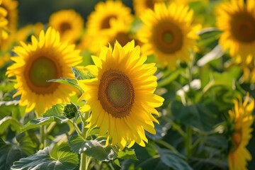 Fototapeta premium Field of yellow sunflowers glowing in the sun, closeup macro photography