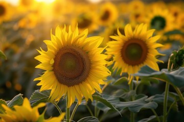 Obraz premium Field of yellow sunflowers glowing in the sun, closeup macro photography