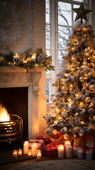 A Magical Christmas Scene: Decorated Tree, Beautifully Wrapped Presents, and Cosy Fireplace Amidst Snowfall