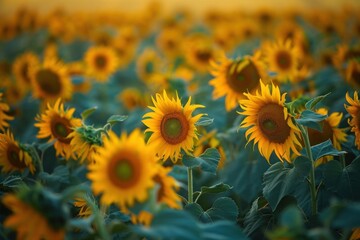 Fototapeta premium Field of yellow sunflowers glowing in the sun, closeup macro photography