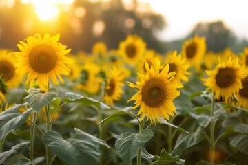 Obraz premium Field of yellow sunflowers glowing in the sun, closeup macro photography