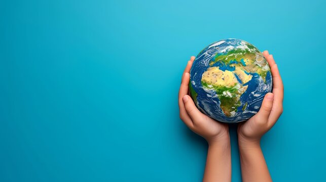 Caring hands cradle earth on blue background, symbolizing responsibility, with copy space.