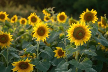 Naklejka premium Field of yellow sunflowers glowing in the sun, closeup macro photography