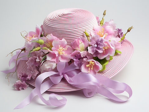 A beautifully decorated Easter bonnet or hat featuring an array of colorful flowers.