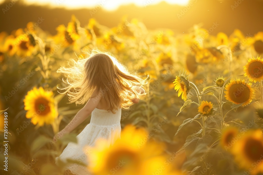 Wall mural A happy girl is smiling in a sunflower field, surrounded by yellow flowers