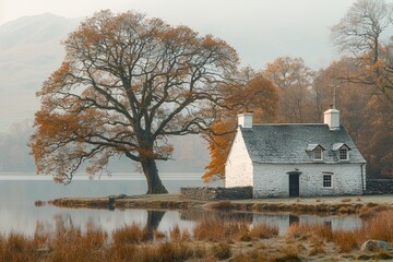 White cottage next to a lone tree at the small lake