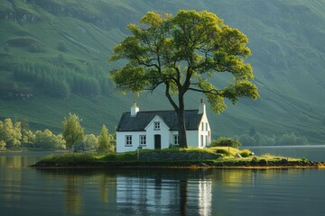 White cottage next to a lone tree at the small lake