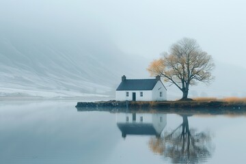 White cottage next to a lone tree at the small lake
