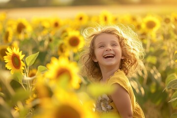 A happy girl is smiling in a sunflower field, surrounded by yellow flowers