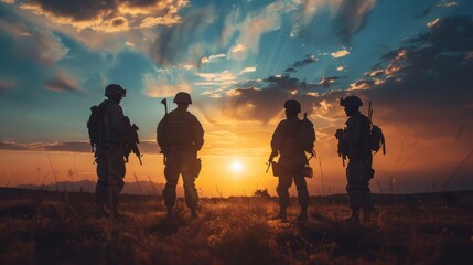 As the sun sets over the vast field, a group of soldiers stands in silhouette against the vibrant sky, their hiking gear and military clothing contrasting against the lush green grass and dramatic cl - obrazy, fototapety, plakaty