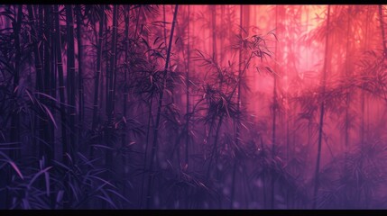 Mystical Purple Bamboo Forest with Ethereal Mist and Light and Vibrant Orange Sunset - obrazy, fototapety, plakaty