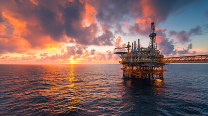 Offshore oil and gas rig platform with beautiful sky, sunset time, Petroleum industry. Generative AI