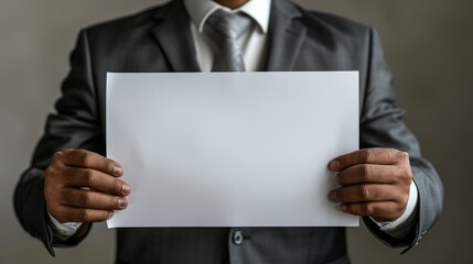 Corporate man displaying large white paper mockup on soft background, with room for text or graphics
