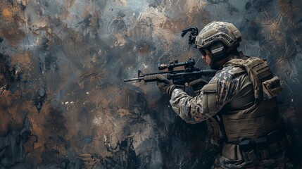 A fierce soldier stands ready for battle, his rifle at the ready as he blends into the camouflage of his military uniform, prepared to defend his country with violence and precision - obrazy, fototapety, plakaty