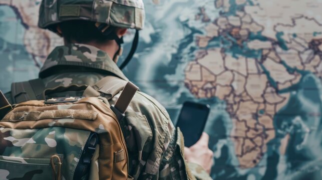 A determined soldier strategizes his next move while donning a helmet and ballistic vest, gripping his weapon tightly as he blends into his surroundings in full military uniform