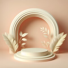 3D podium background. Realistic cream cylinder pedestal with arch backdrop scene and green leaf. Abstract composition in minimal design. Platforms cosmetic product display presentation. Stage showcase