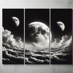 The moon in space with a silvery sky with some clouds black and white space. Moon, Triptych of black and white photos cascading vintage aesthetic, abstract art, gallery prints, artistic concept, wall