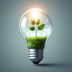 Light bulb filled with green leaves and plants. Concept of renewable and clean energy, sustainable resources, Earth Day.
