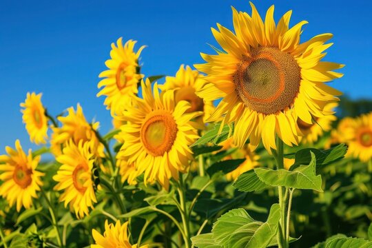Two happy sunflowers stand tall in a field under a blue sky
