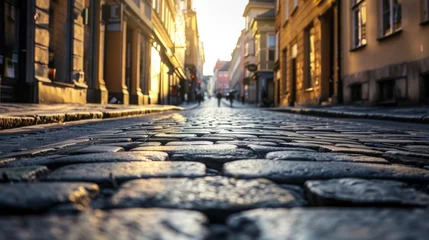 Foto op Canvas A quaint cobblestone street lined with charming buildings against a clear blue sky, creating a picturesque outdoor way to travel through the bustling city infrastructure © ChaoticMind