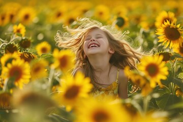 A happy girl is smiling in a sunflower field, surrounded by yellow flowers