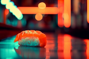 sushi on a vibrant night city background