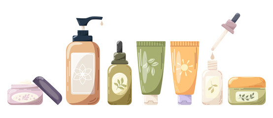 Vector illustration of a set of cosmetic products, creams, serums. Beauty, skin care, body care, cleansing concept.