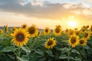 Obraz premium Field of sunflowers with setting sun painting sky, creating breathtaking view