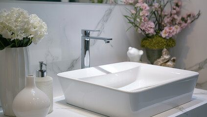 The bathroom is a white square. The washbasin with a pristine white countertop. Generative AI