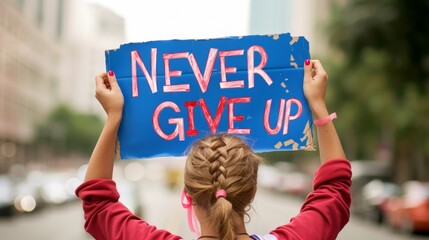 Woman holding sign saying  never give up  on blurred background, success and motivation concept.