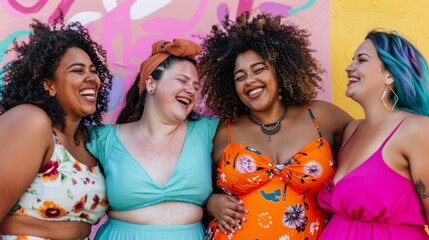 A joyful group of stylish women in fashionable clothing and accessories, gathered together with beaming smiles on their faces, posing against a colorful wall at a lively party