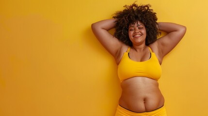 A radiant woman in a bright yellow sports outfit stands confidently against a wall, revealing her toned stomach, chest, and thighs as she poses for a photo shoot with a beaming smile on her face - obrazy, fototapety, plakaty